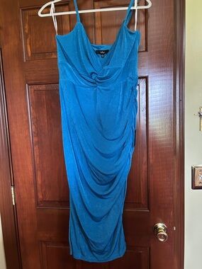 Lulu's Teal Draped Midi Slip Dress with Slit